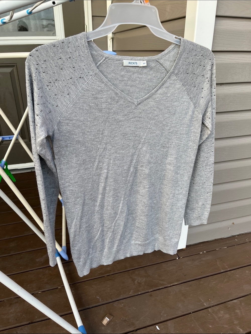 Ricki's Light Gray Grey V-Neck knit Sweater with raglan Stud sleeves